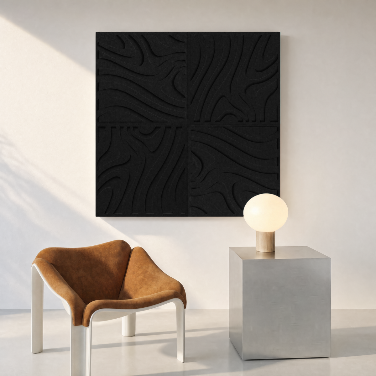 Swirl Tile | color: Midnight Black; Frame style: set of 4
